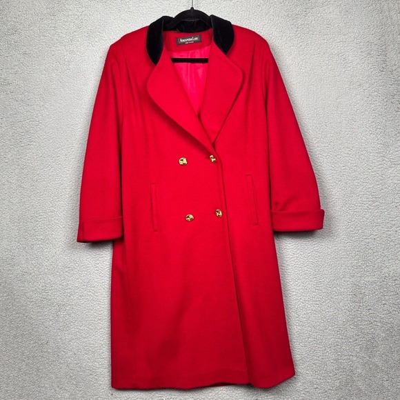 VINTAGE Amanda Lee Pea Coat Womens 10 Petite Cherry Red Long Wool‎ Old Money - Picture 1 of 16
